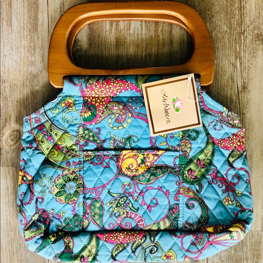 Lily Waters Wood Handle Quilted Purse New